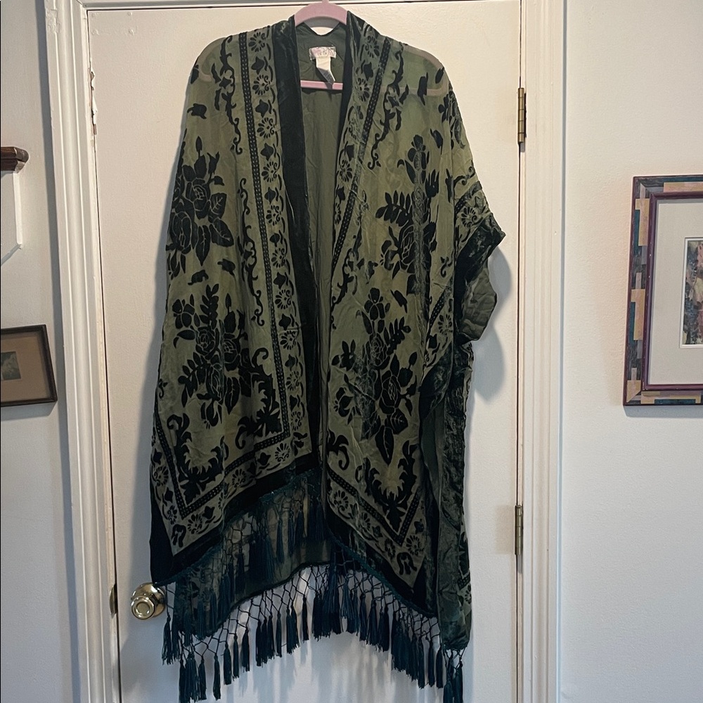Free People Knightbird Olive Green Velvet Floral Fringe Kimono